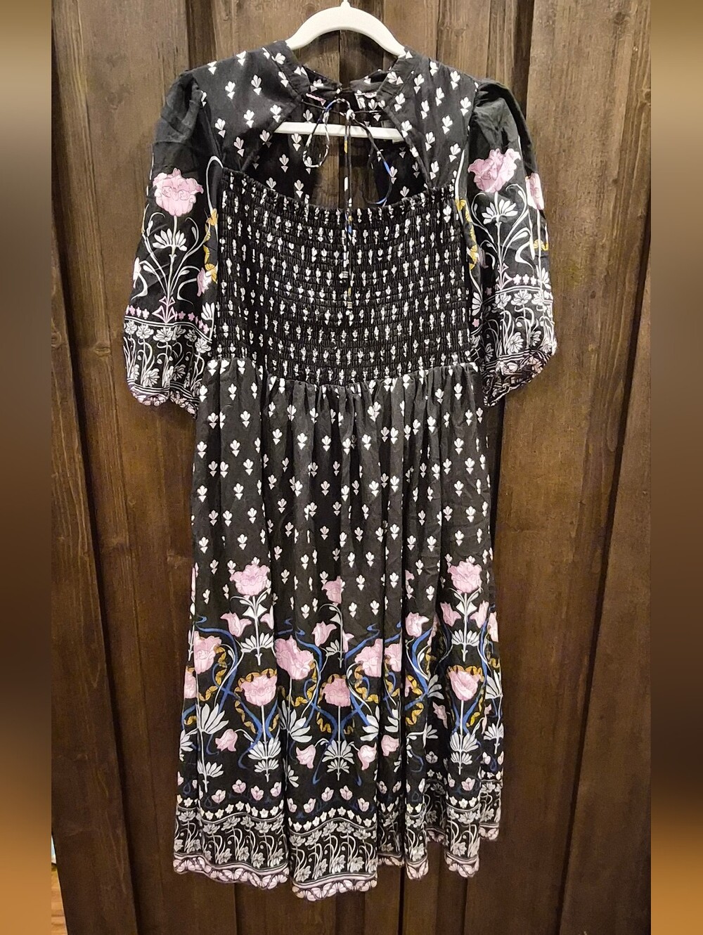 Anthropologie Black Midi Dress with Pink and Blue Floral Border